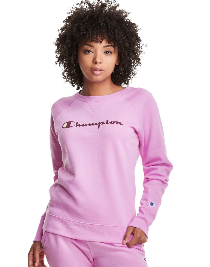 Champion Dame Sweatshirt Lyserød - Powerblend Fleece Classic Crew Script Logo - Danmark HKY-361082